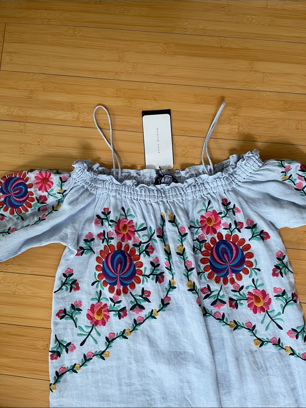 Zara NWT Light Blue Embroidered Off-Shoulder 3/4 Sleeve Summer Vacation Dress M - Picture 4 of 7